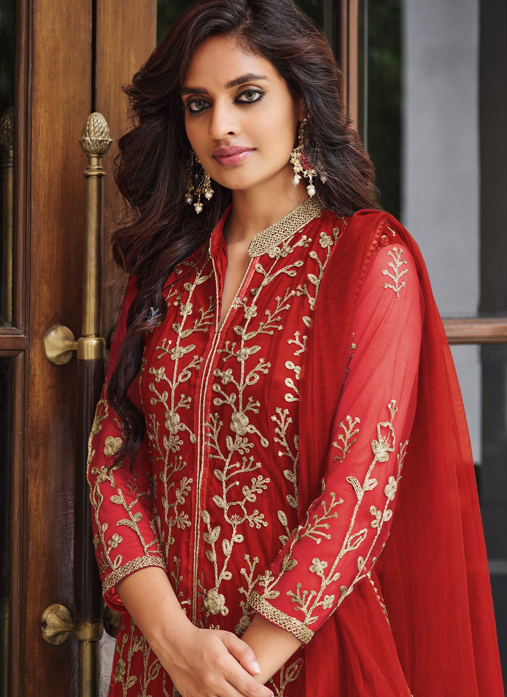 Anarkali Suit Net Red Cord Work Salwar Kameez