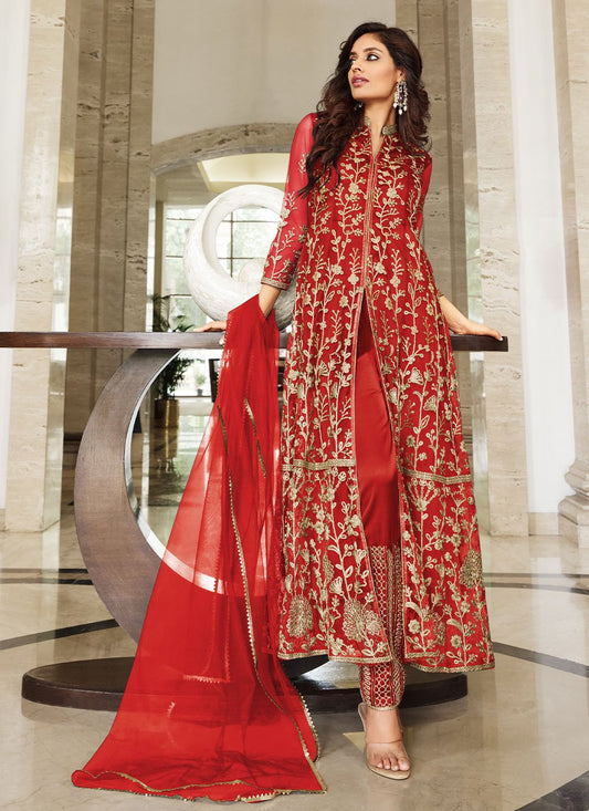 Anarkali Suit Net Red Cord Work Salwar Kameez