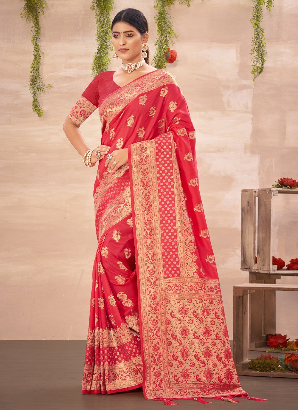 Designer Silk Red Embroidered Saree