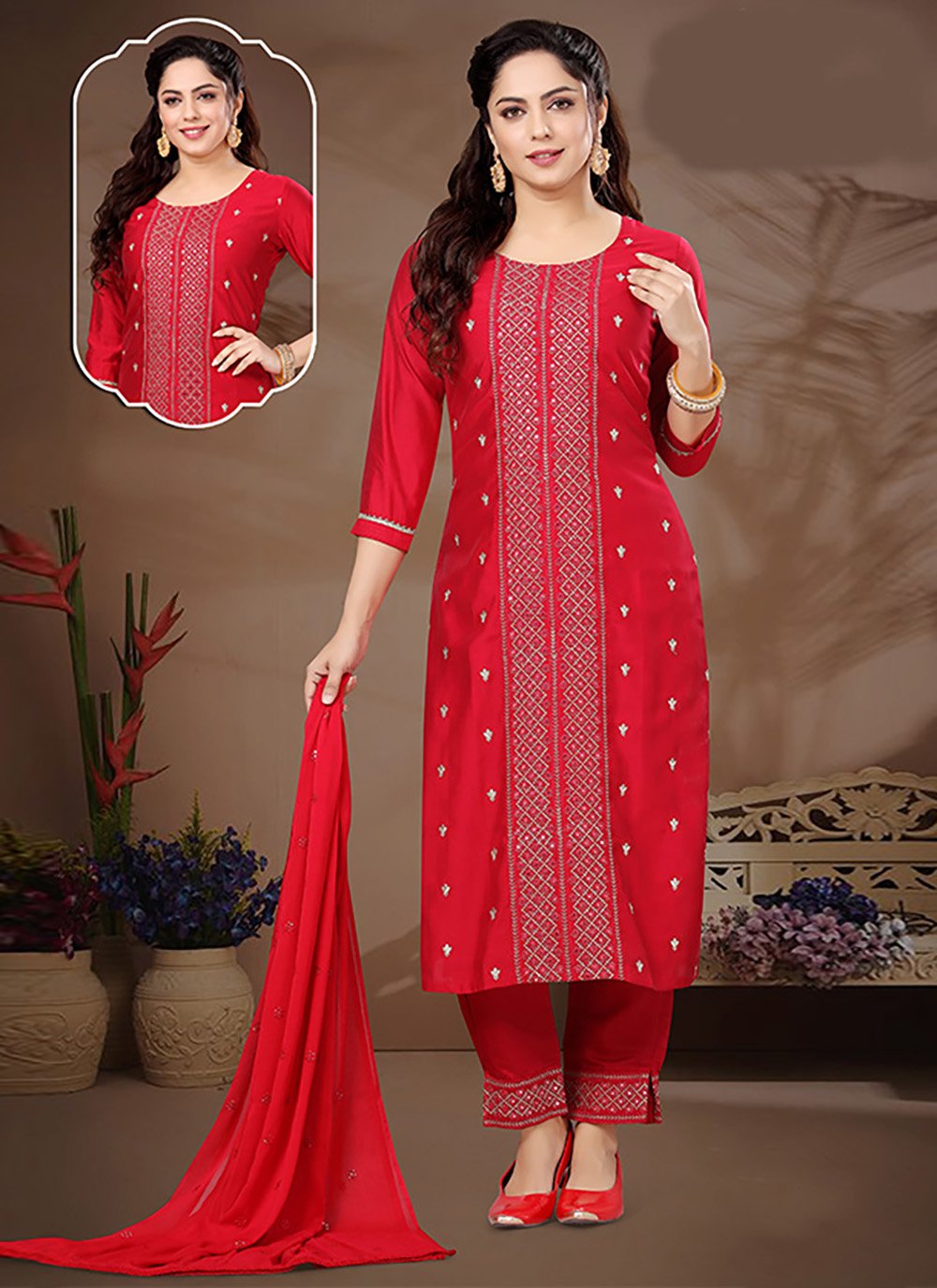 Salwar Suit Silk Red Crystals Salwar Kameez
