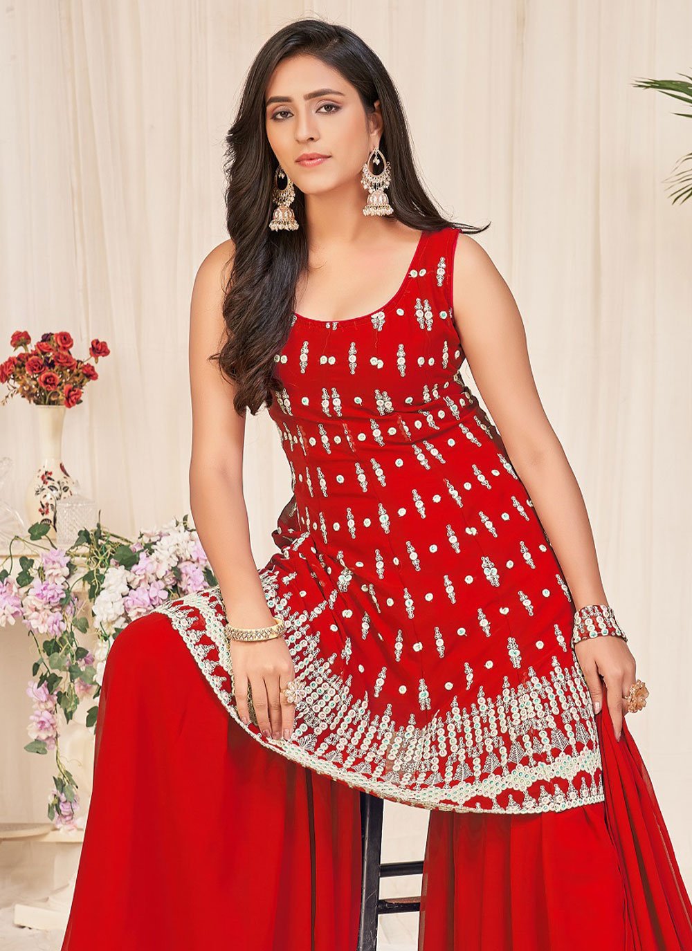 Salwar Suit Georgette Red Embroidered Salwar Kameez