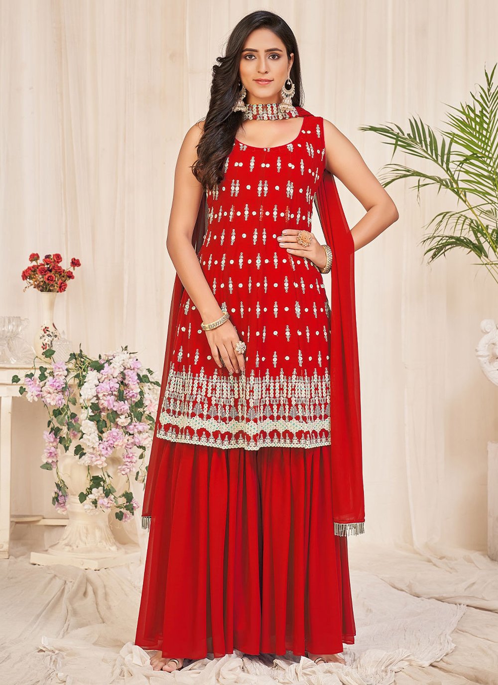 Salwar Suit Georgette Red Embroidered Salwar Kameez