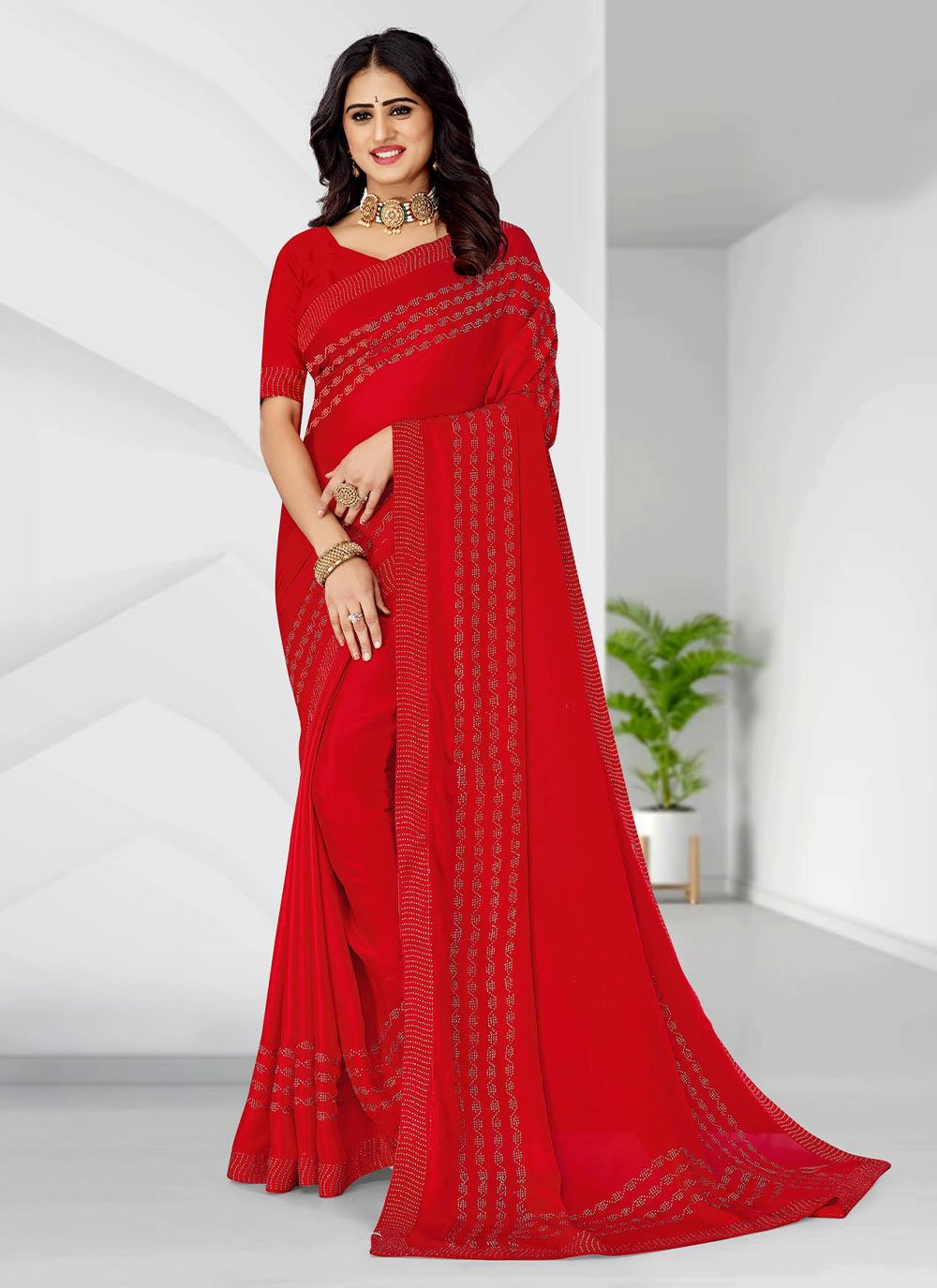 Contemporary Satin Red Embroidered Saree