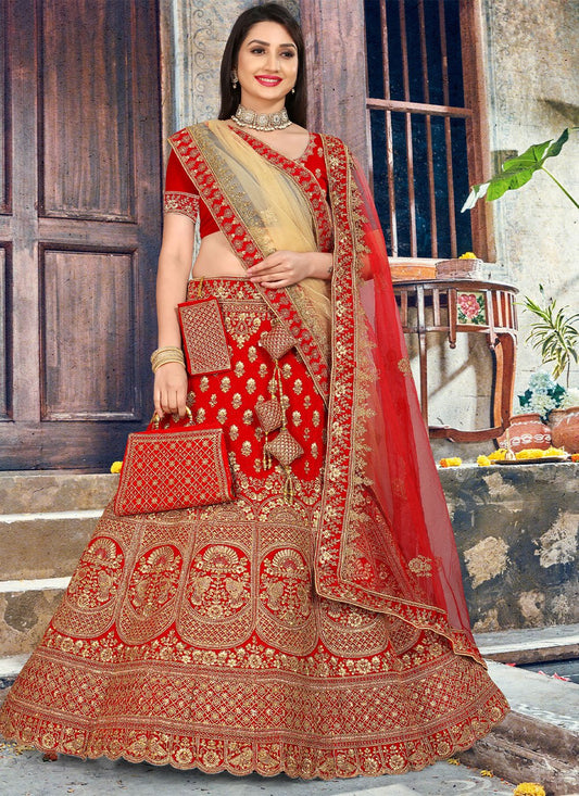 Lehenga Choli Velvet Red Embroidered Lehenga Choli