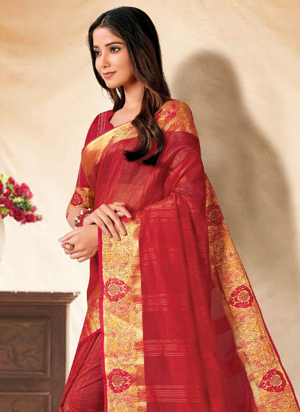 Trendy Saree Banarasi Silk Red Embroidered Saree