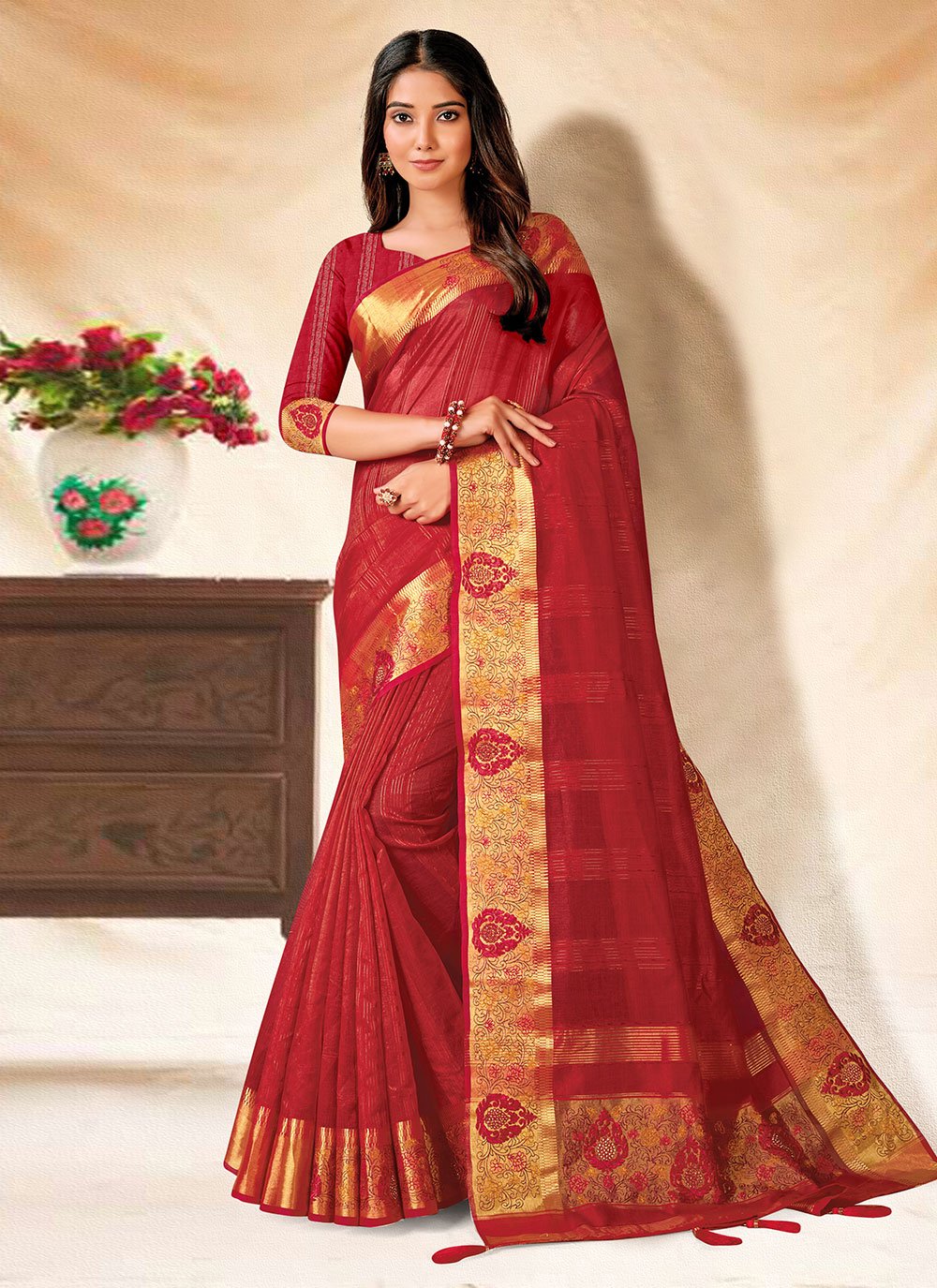 Trendy Saree Banarasi Silk Red Embroidered Saree