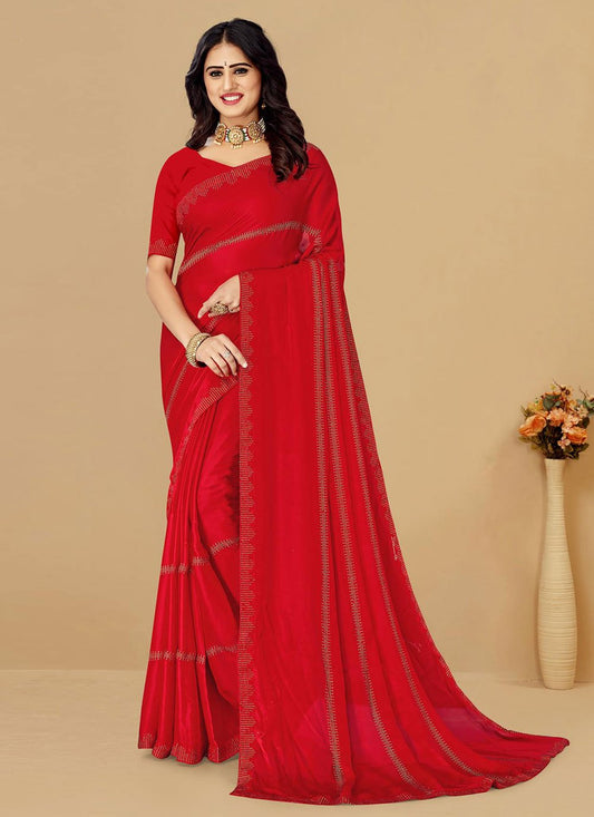 Trendy Saree Satin Red Embroidered Saree