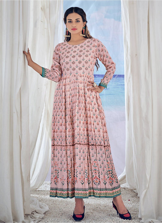 Gown Muslin Viscose Pink Embroidered Gown