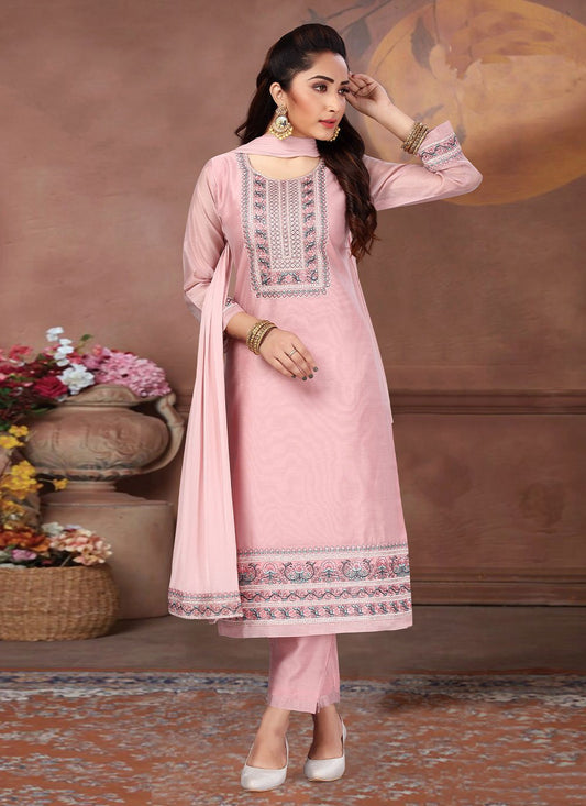 Salwar Suit Chanderi Silk Pink Embroidered Salwar Kameez
