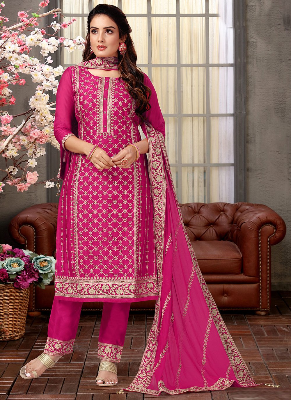 Salwar Suit Silk Pink Embroidered Salwar Kameez