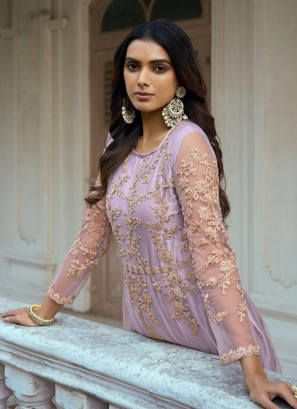 Salwar Suit Net Lavender Embroidered Salwar Kameez