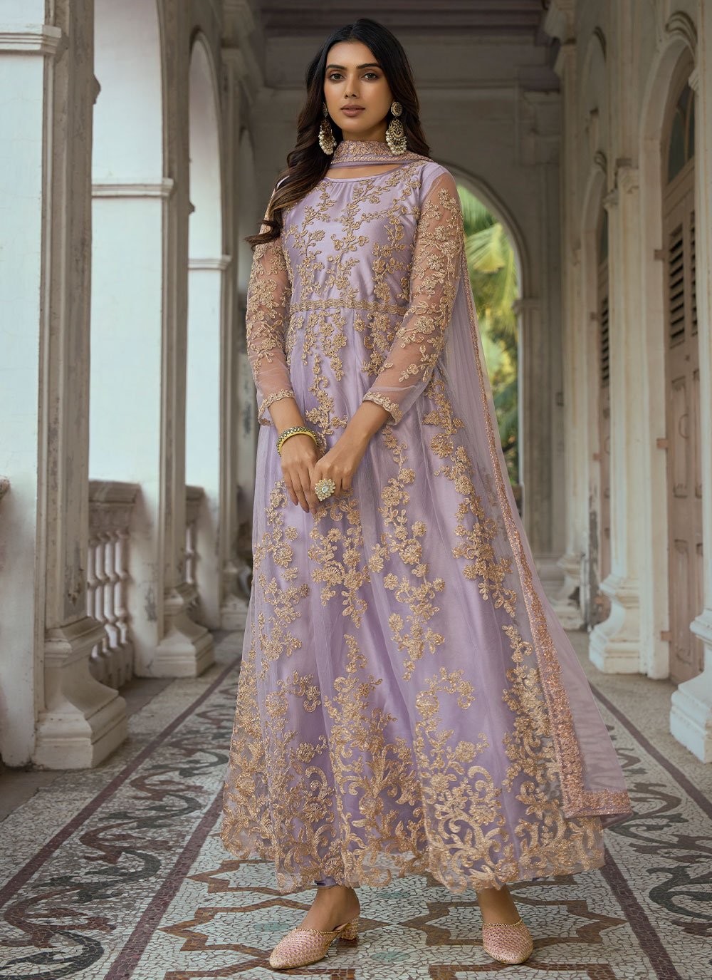 Salwar Suit Net Lavender Embroidered Salwar Kameez