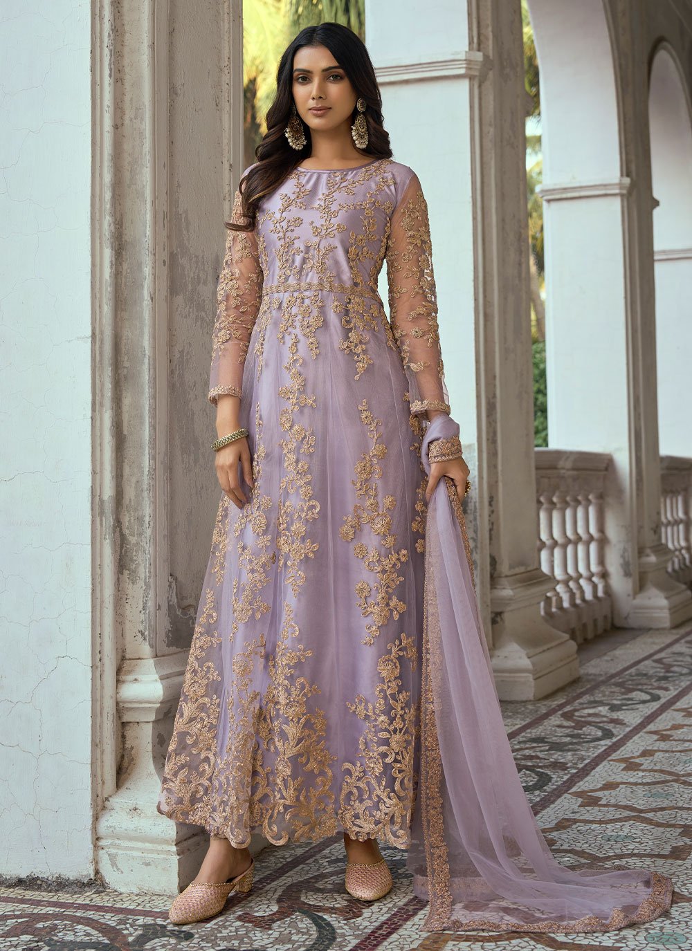 Salwar Suit Net Lavender Embroidered Salwar Kameez