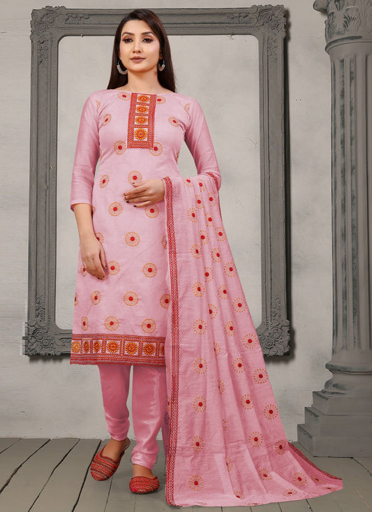 Salwar Suit Chanderi Cotton Pink Embroidered Salwar Kameez