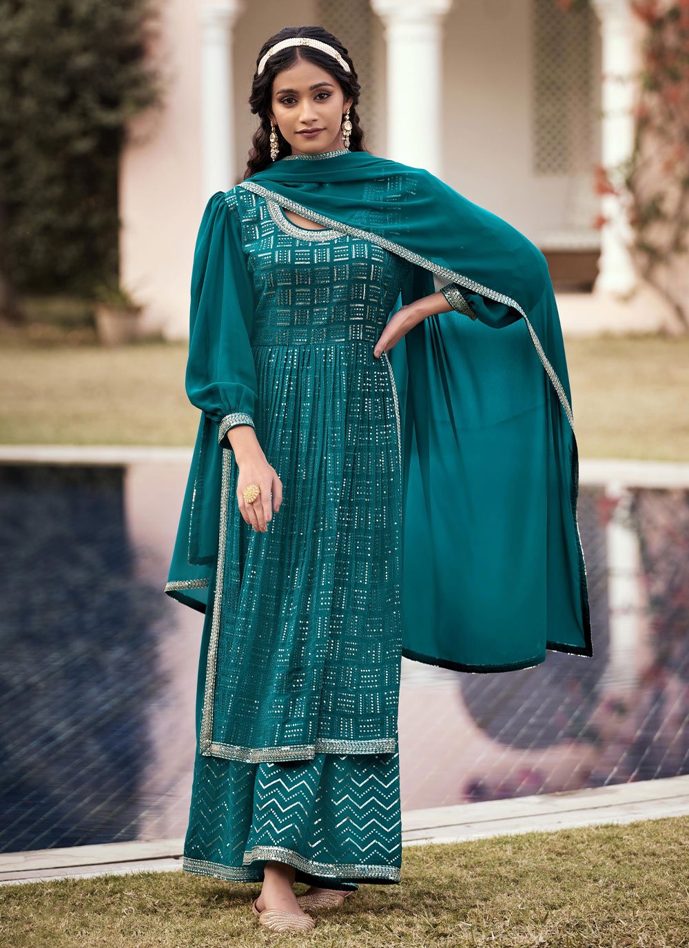 Salwar Suit Georgette Teal Embroidered Salwar Kameez