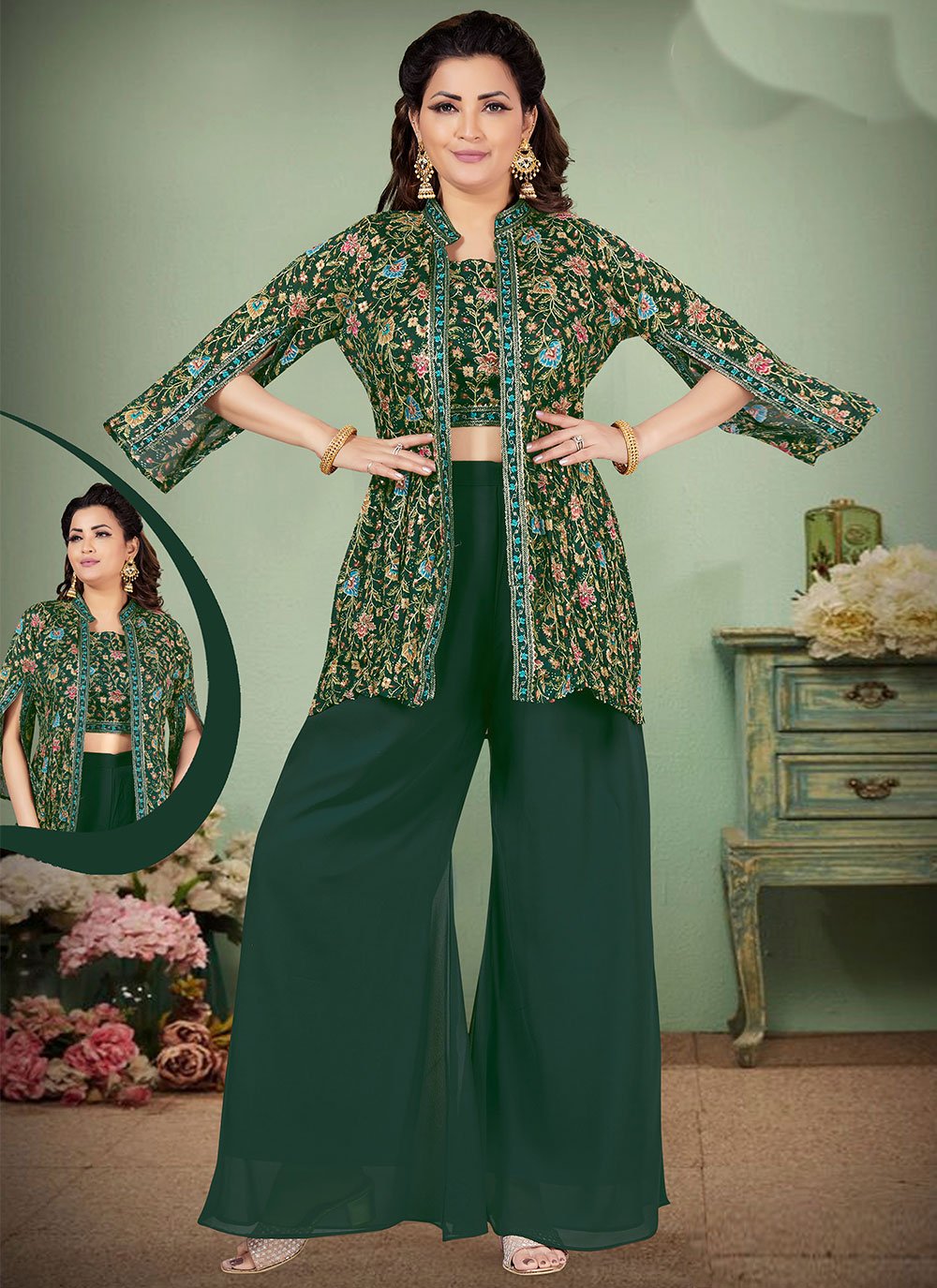 Salwar Suit Georgette Green Embroidered Salwar Kameez