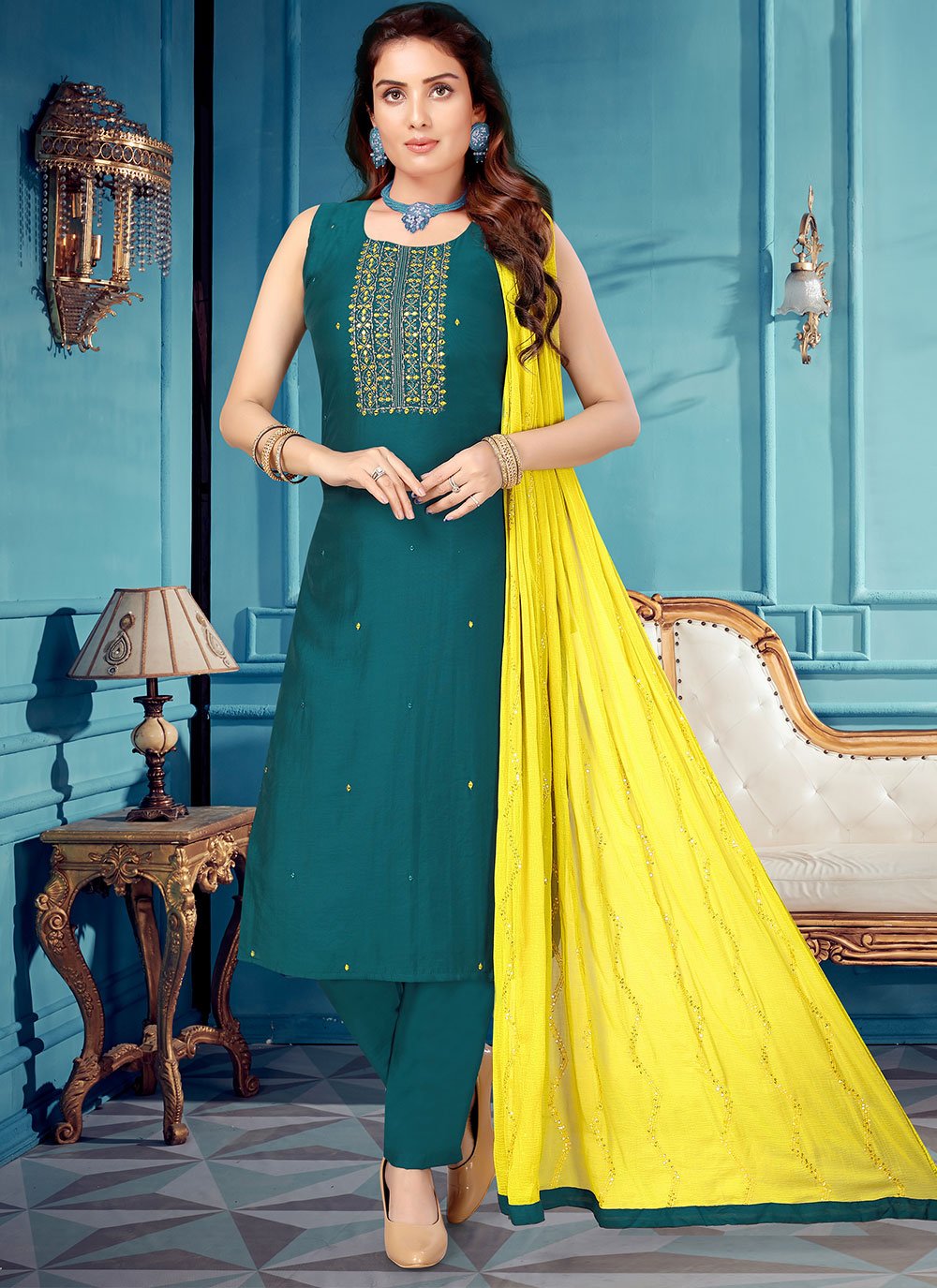 Salwar Suit Silk Green Embroidered Salwar Kameez