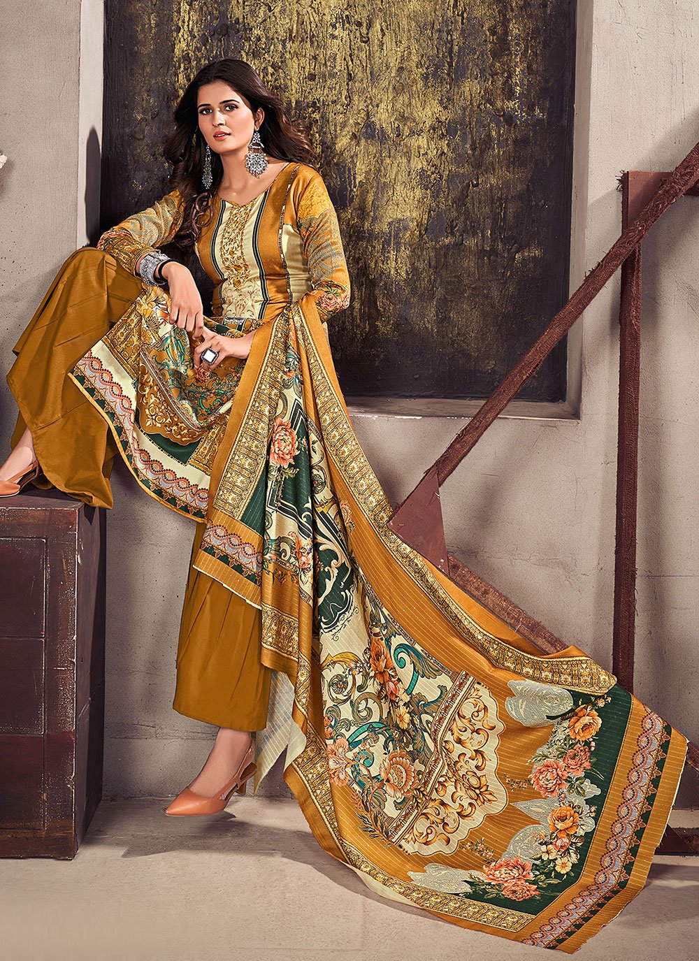 Salwar Suit Pashmina Mustard Digital Print Salwar Kameez