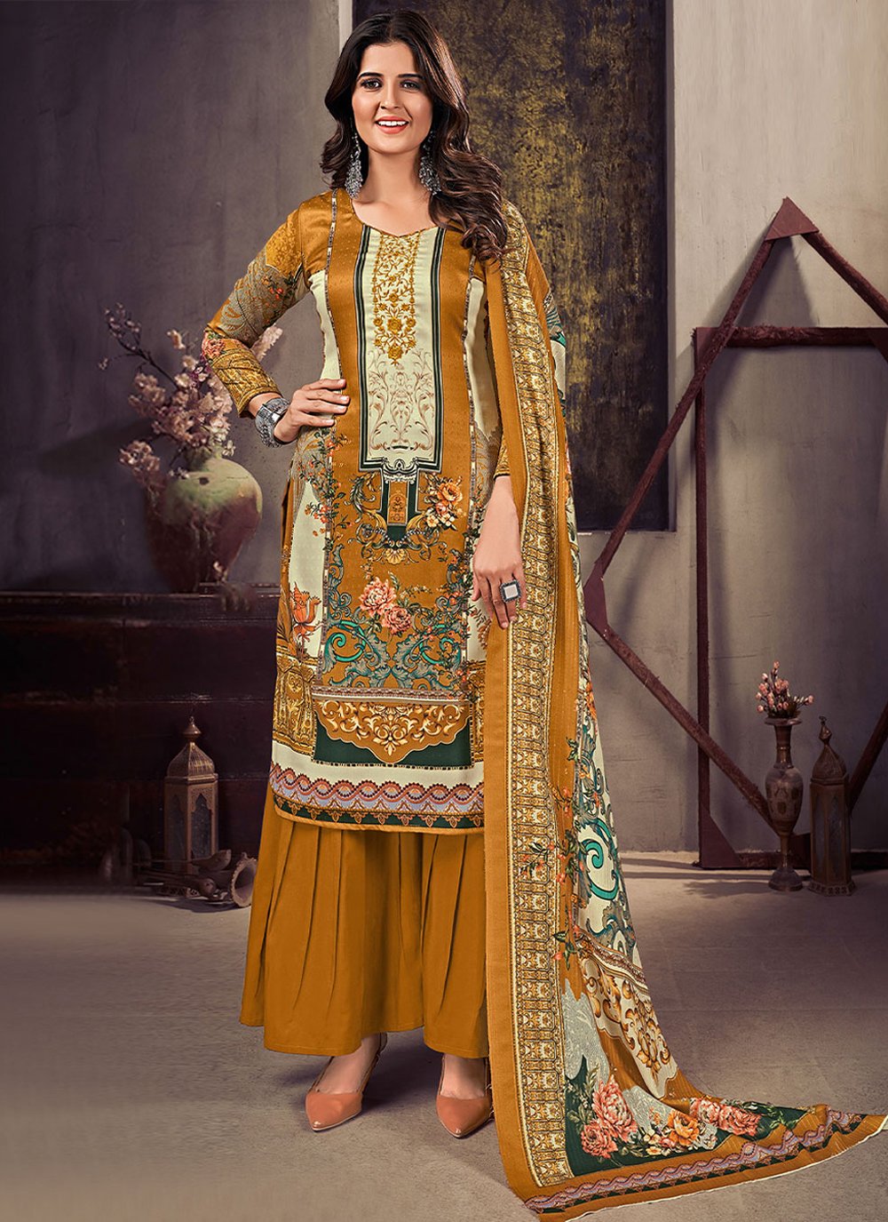 Salwar Suit Pashmina Mustard Digital Print Salwar Kameez