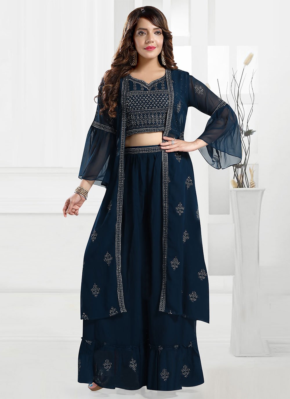 Salwar Suit Faux Georgette Teal Embroidered Salwar Kameez