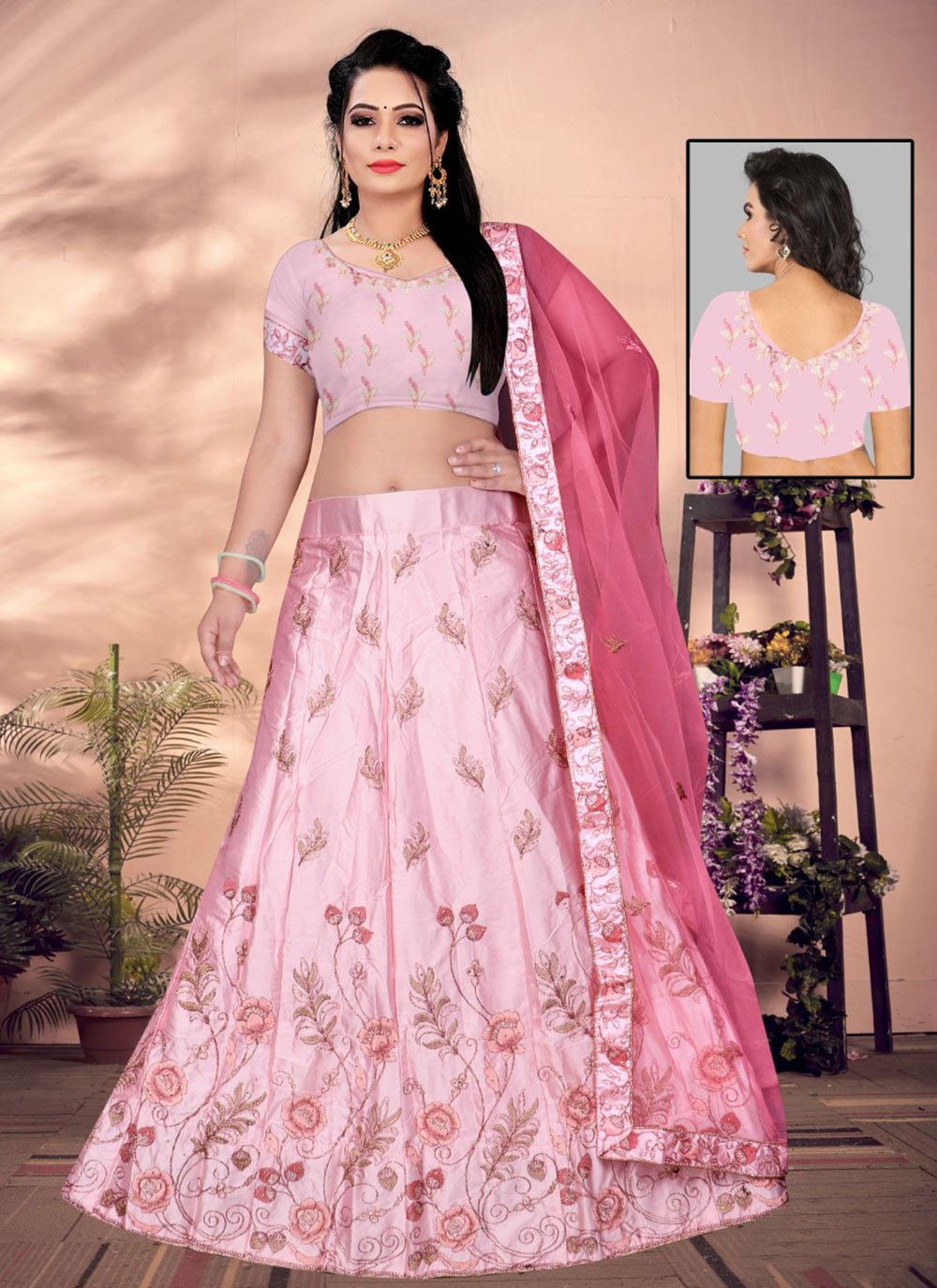 A Line Lehenga Satin Silk Pink Embroidered Lehenga Choli