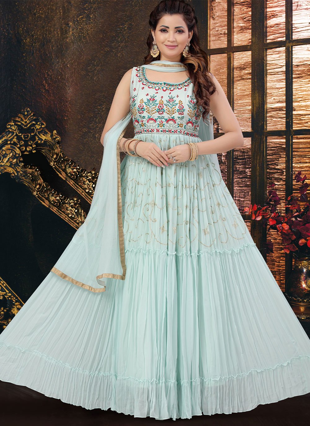 Anarkali Suit Art Silk Georgette Aqua Blue Embroidered Salwar Kameez