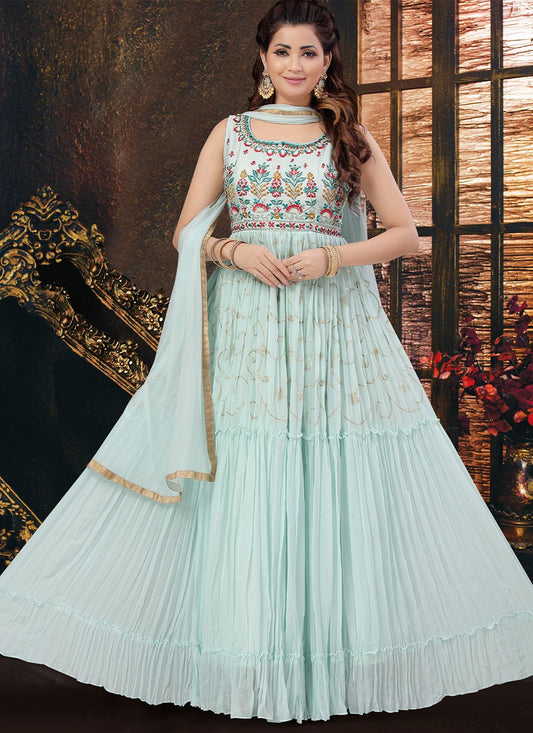 Anarkali Suit Art Silk Georgette Aqua Blue Embroidered Salwar Kameez