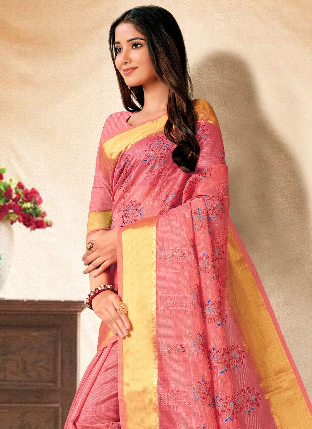 Classic Banarasi Silk Pink Embroidered Saree