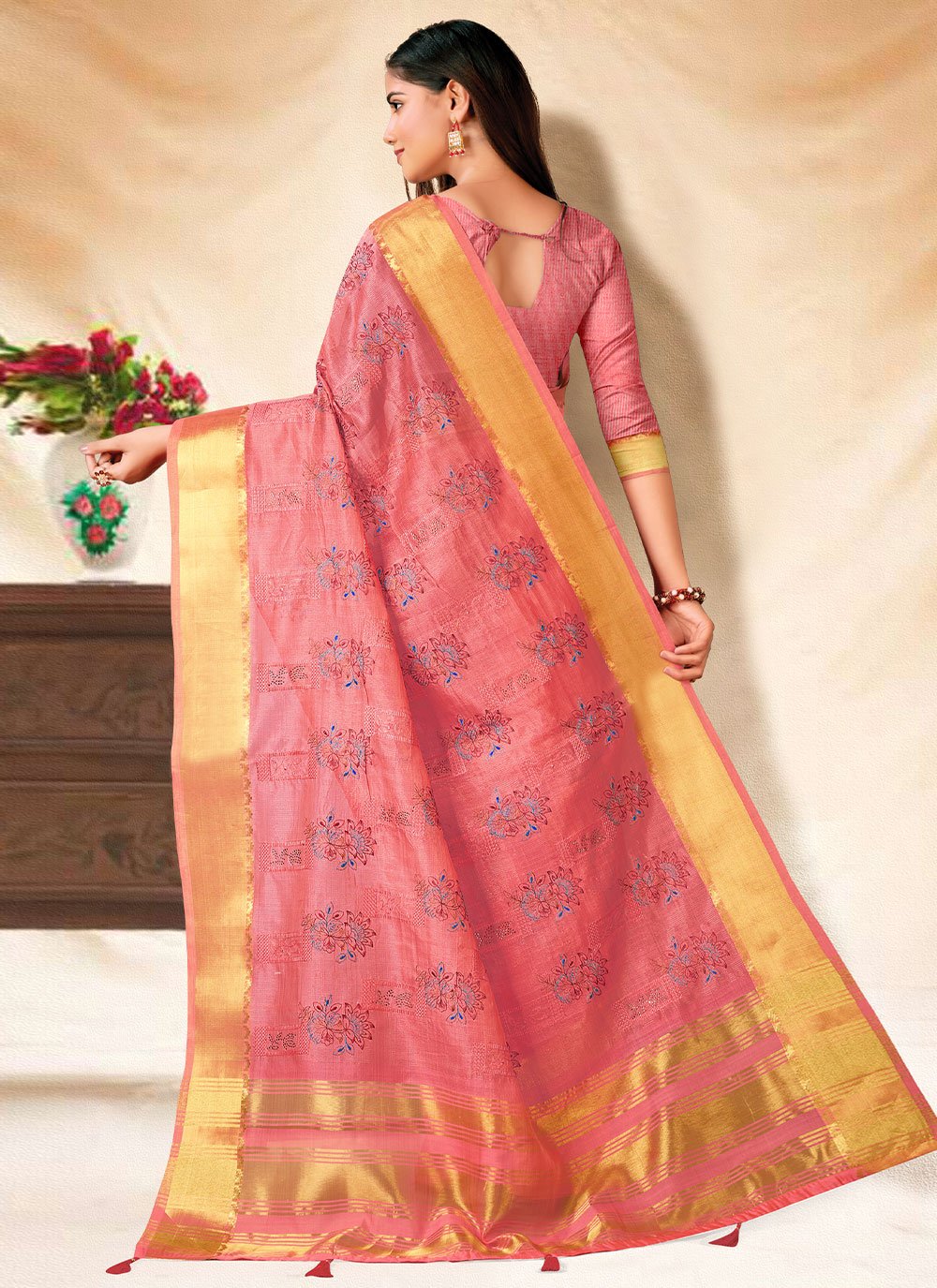 Classic Banarasi Silk Pink Embroidered Saree