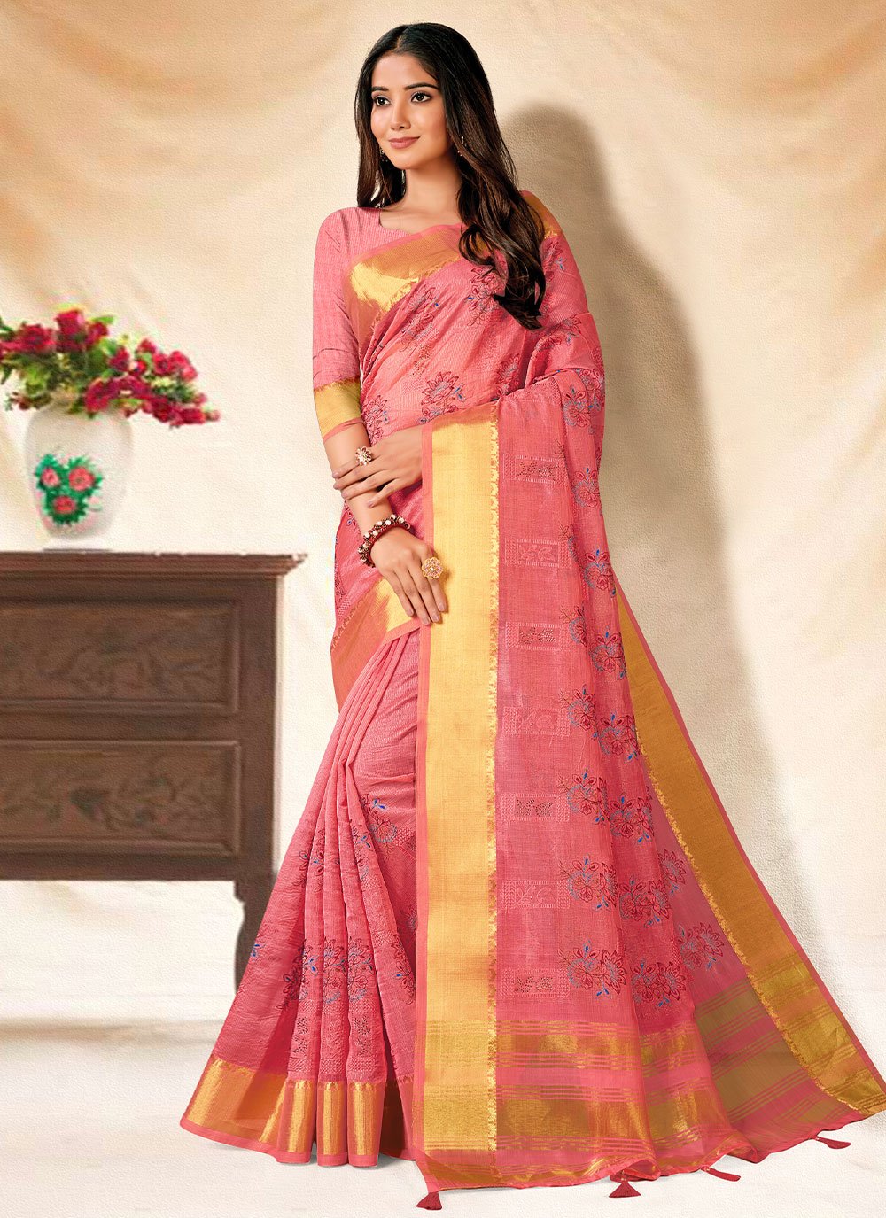 Classic Banarasi Silk Pink Embroidered Saree