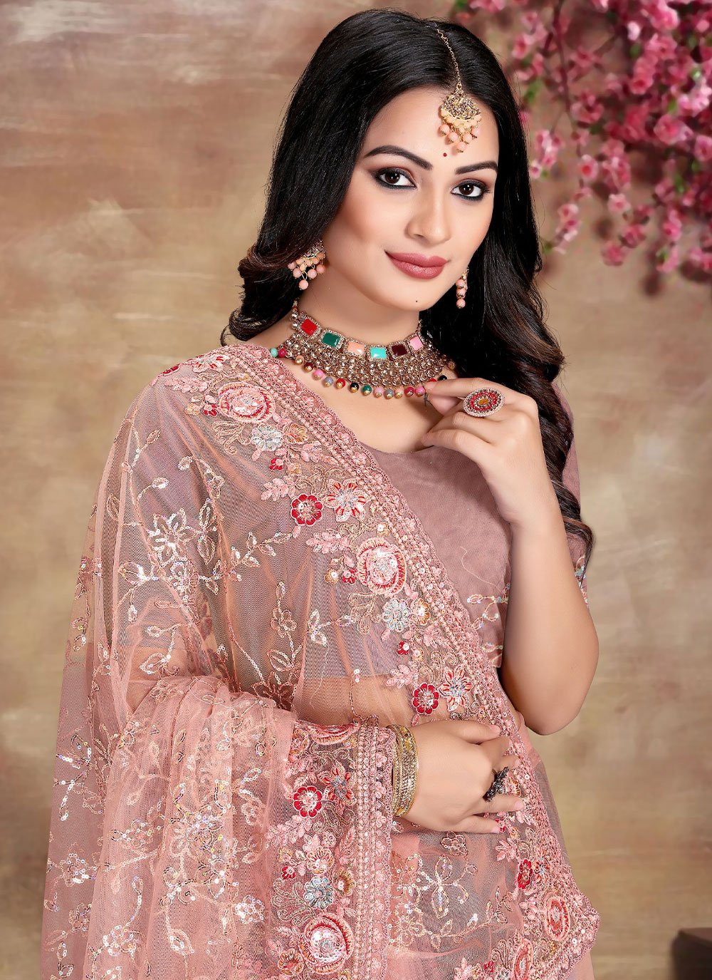 Classic Net Peach Cord Work Saree