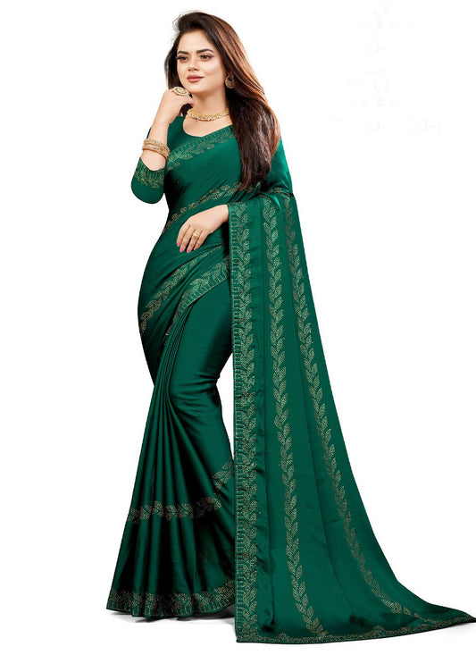 Contemporary Chiffon Satin Green Embroidered Saree