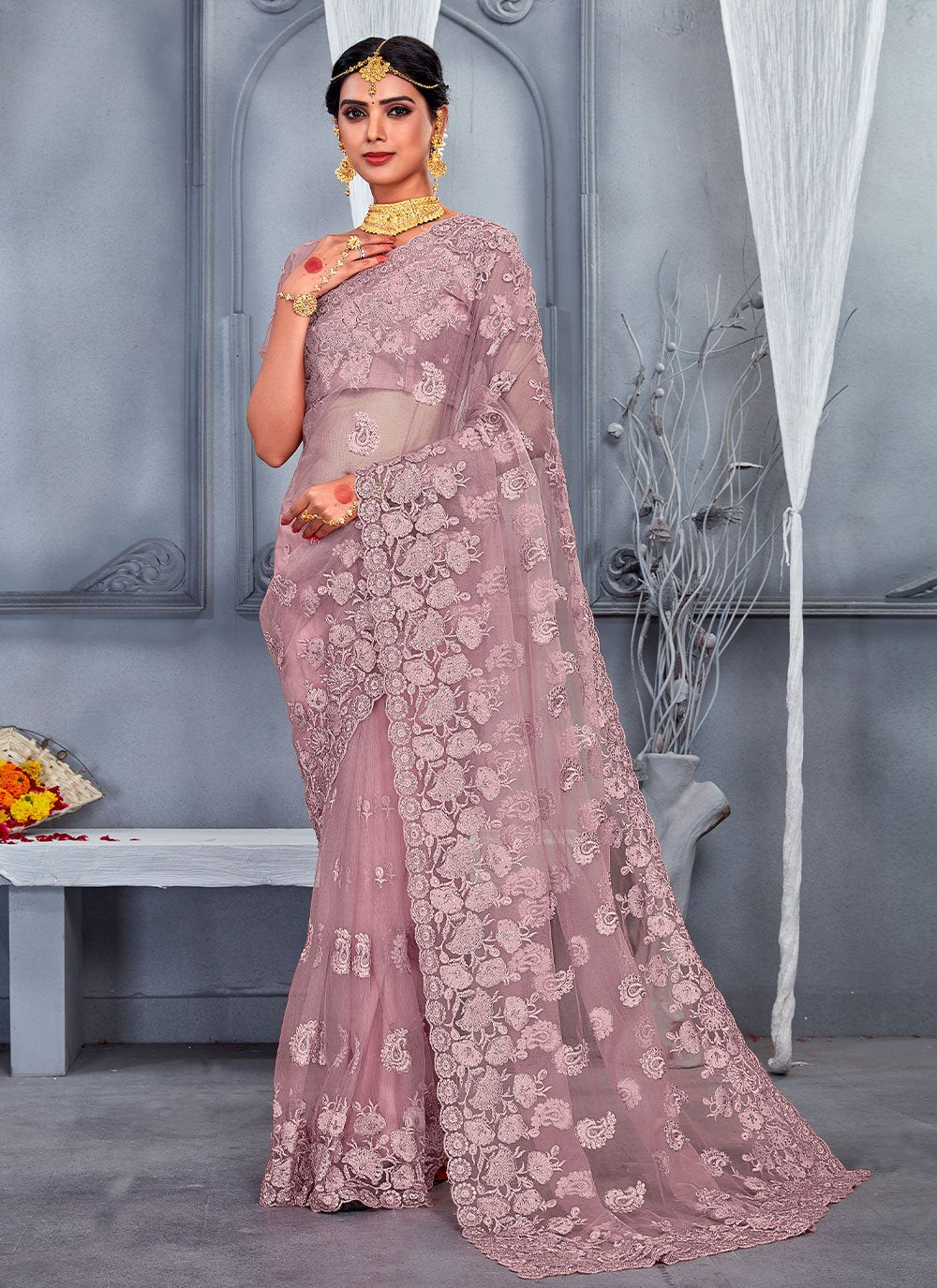 Contemporary Net Mauve Embroidered Saree