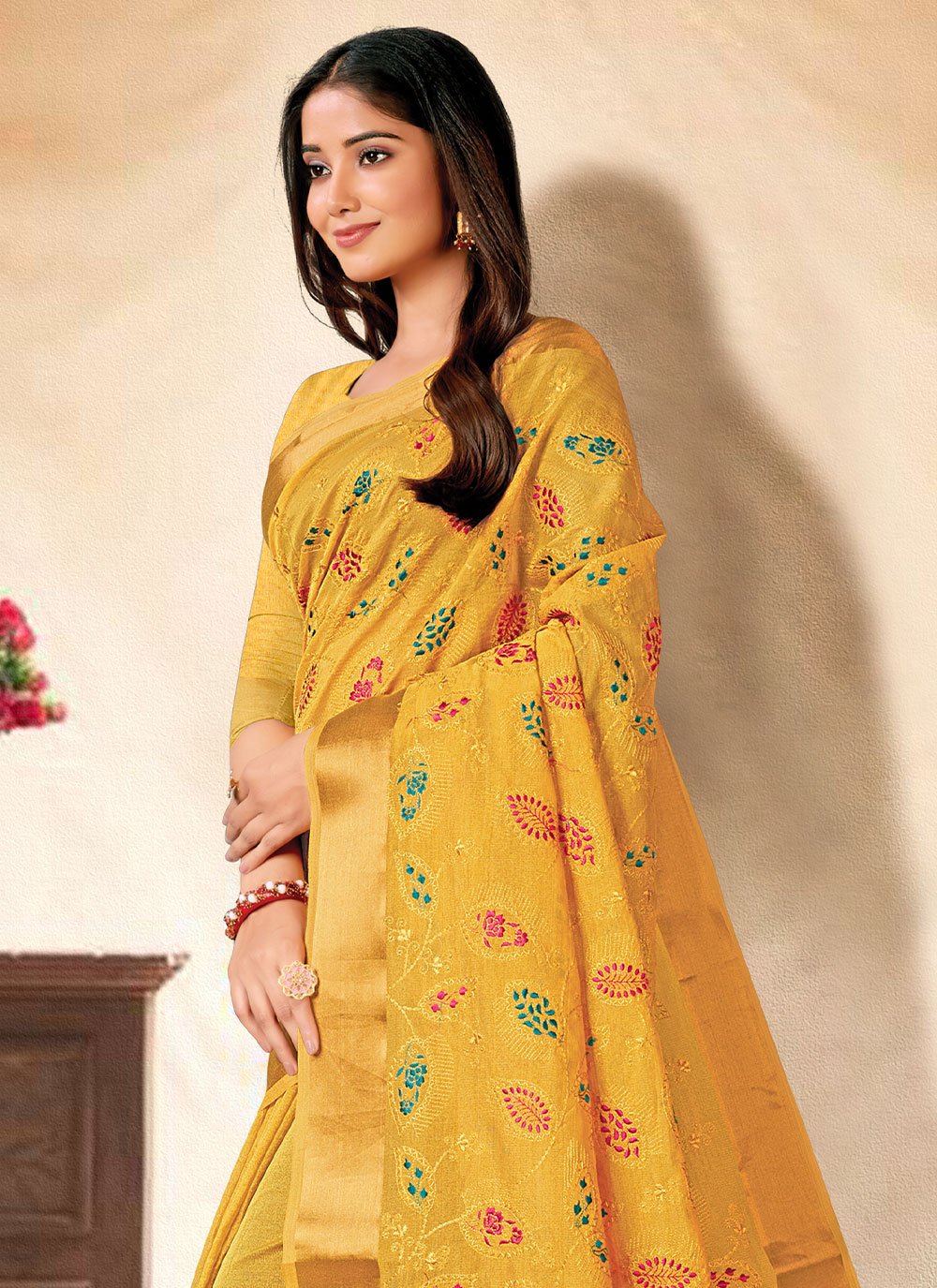 Contemporary Banarasi Silk Mustard Embroidered Saree