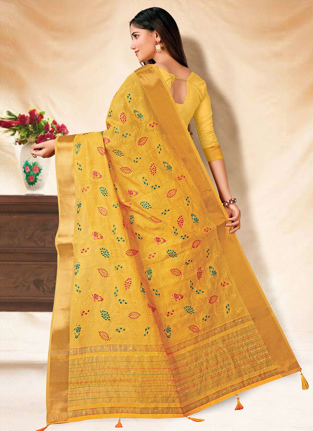 Contemporary Banarasi Silk Mustard Embroidered Saree