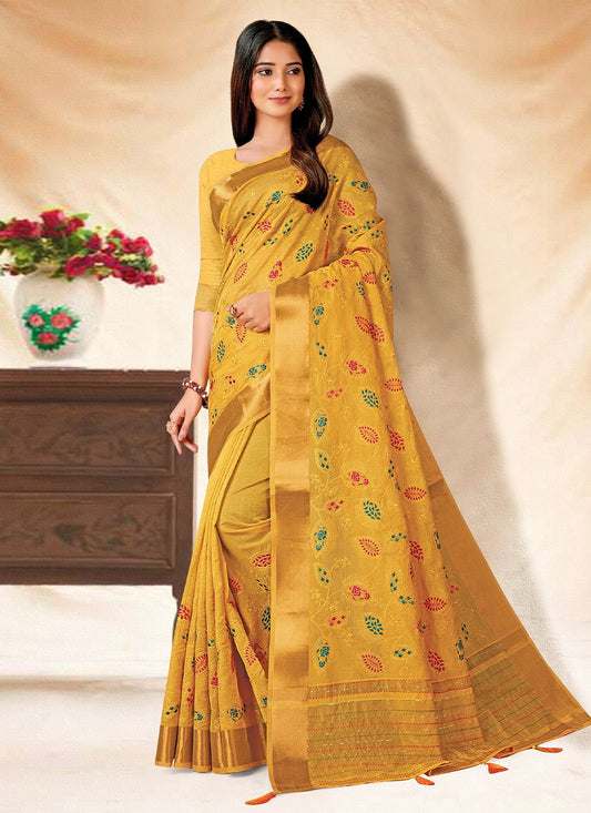 Contemporary Banarasi Silk Mustard Embroidered Saree