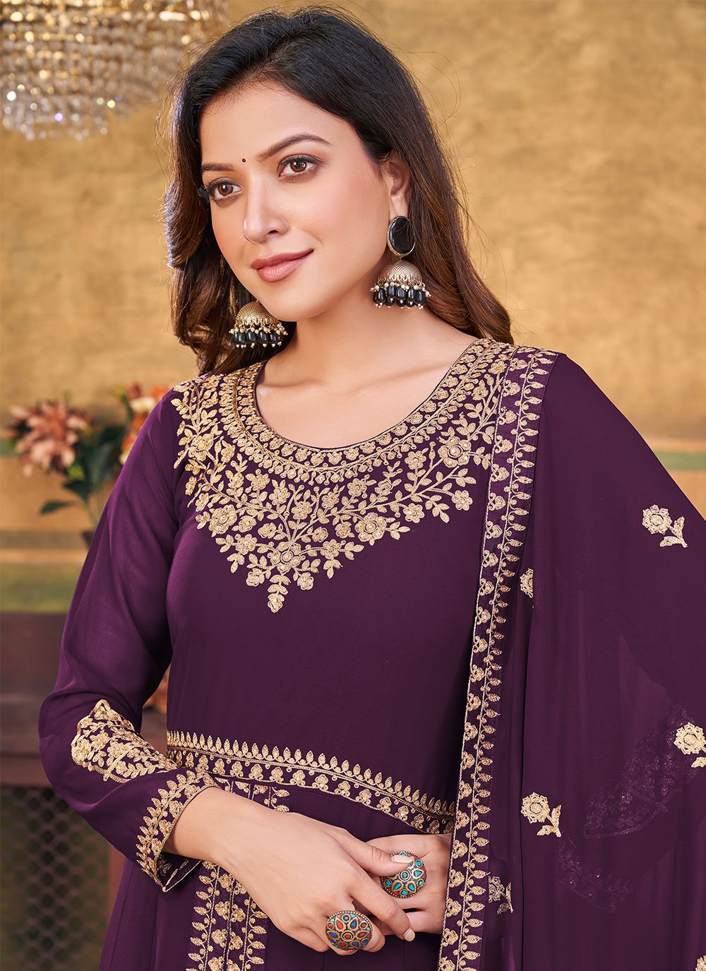 Floor Lenght Salwar Suit Faux Georgette Purple Embroidered Salwar Kameez