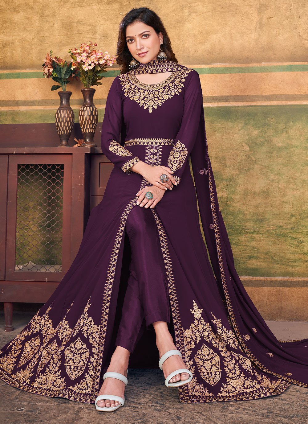 Floor Lenght Salwar Suit Faux Georgette Purple Embroidered Salwar Kameez