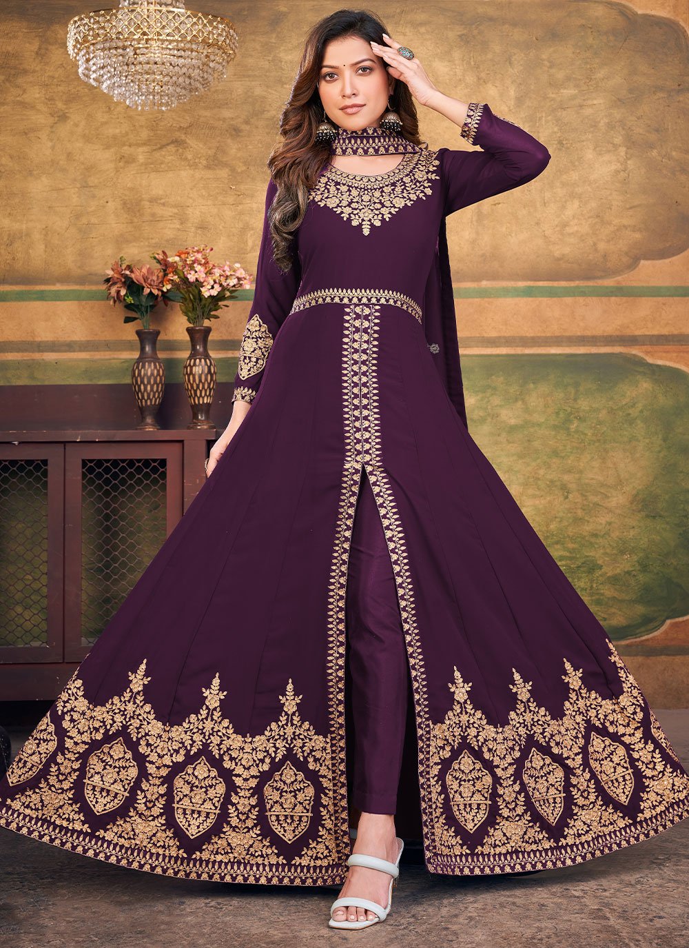 Floor Lenght Salwar Suit Faux Georgette Purple Embroidered Salwar Kameez