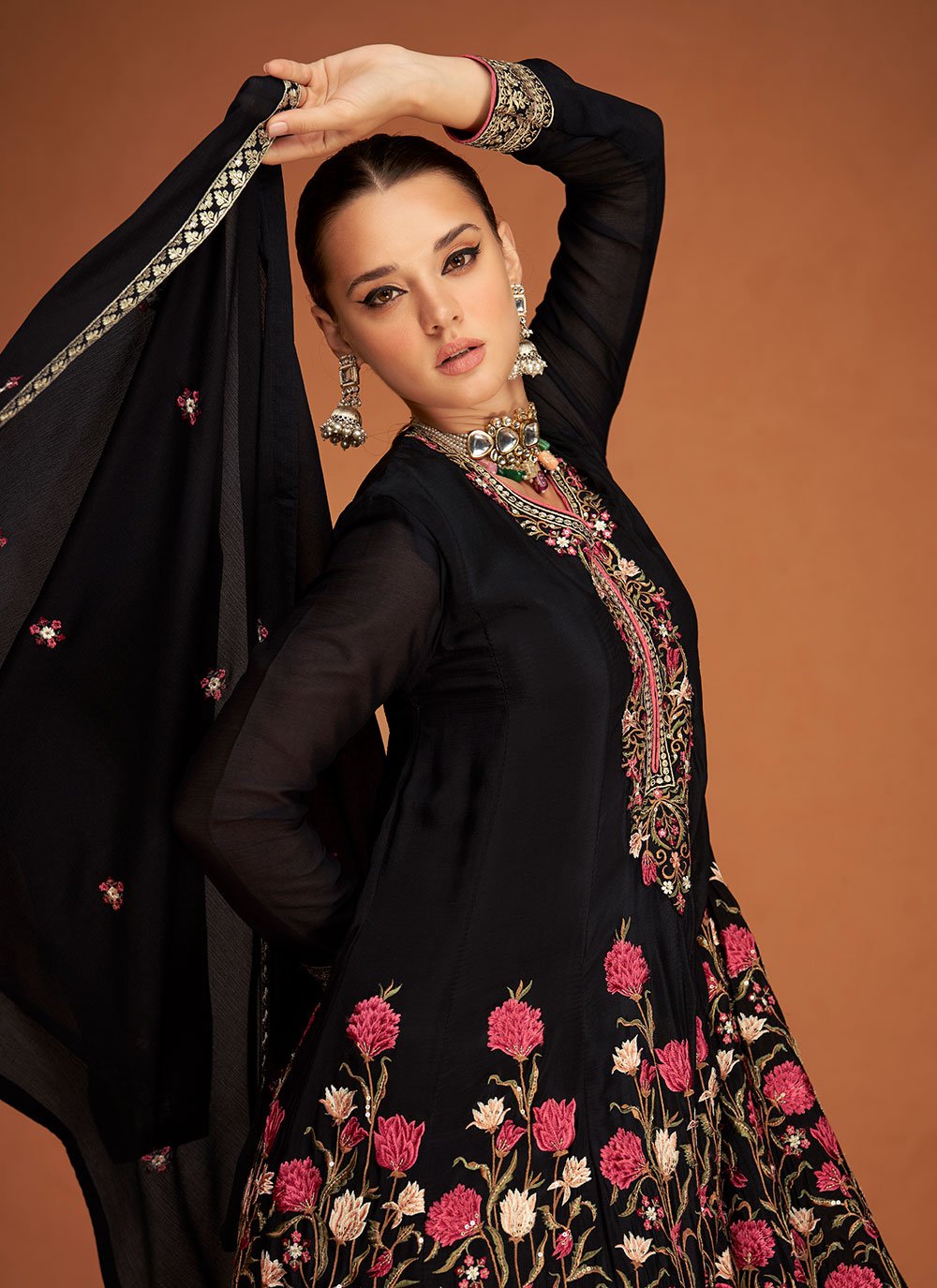 Palazzo Salwar Suit Chinon Silk Black Buttons Salwar Kameez