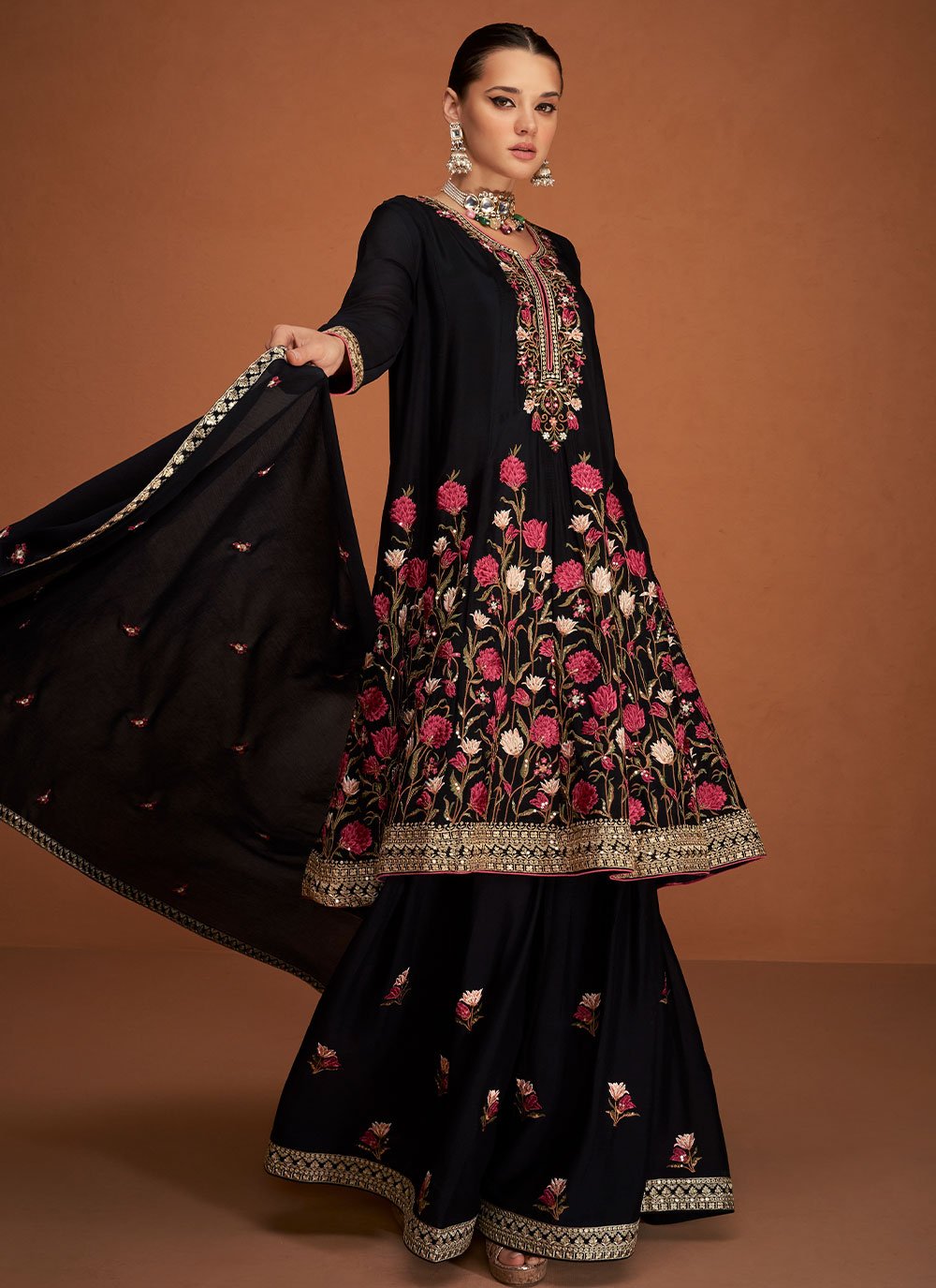 Palazzo Salwar Suit Chinon Silk Black Buttons Salwar Kameez