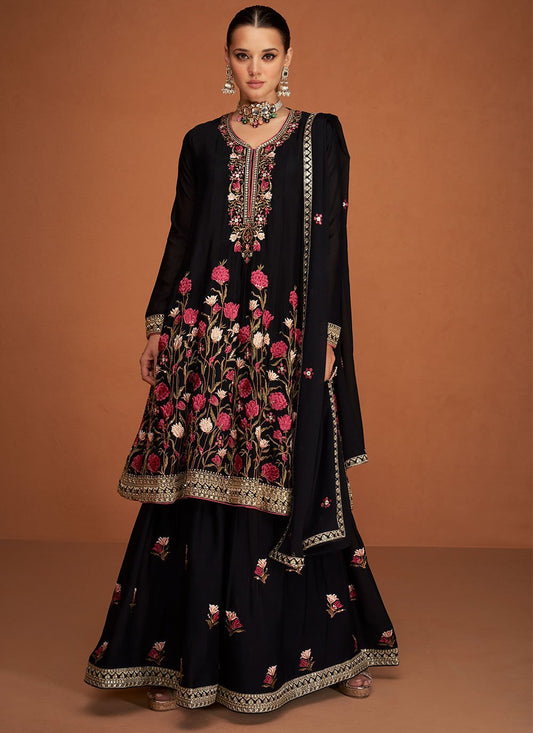 Palazzo Salwar Suit Chinon Silk Black Buttons Salwar Kameez