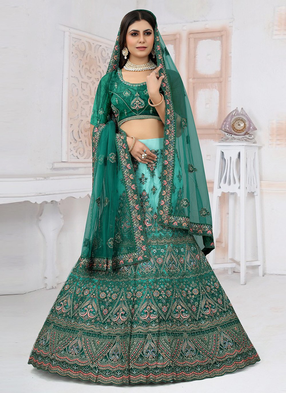 Readymade Lehenga Choli Net Rama Embroidered Lehenga Choli