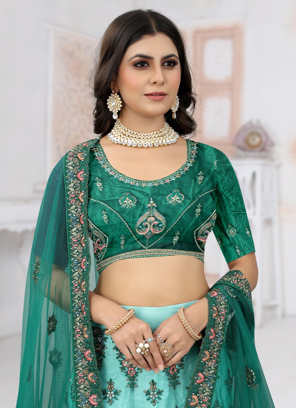 Readymade Lehenga Choli Net Rama Embroidered Lehenga Choli