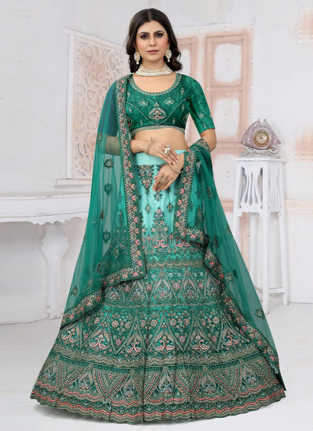 Readymade Lehenga Choli Net Rama Embroidered Lehenga Choli