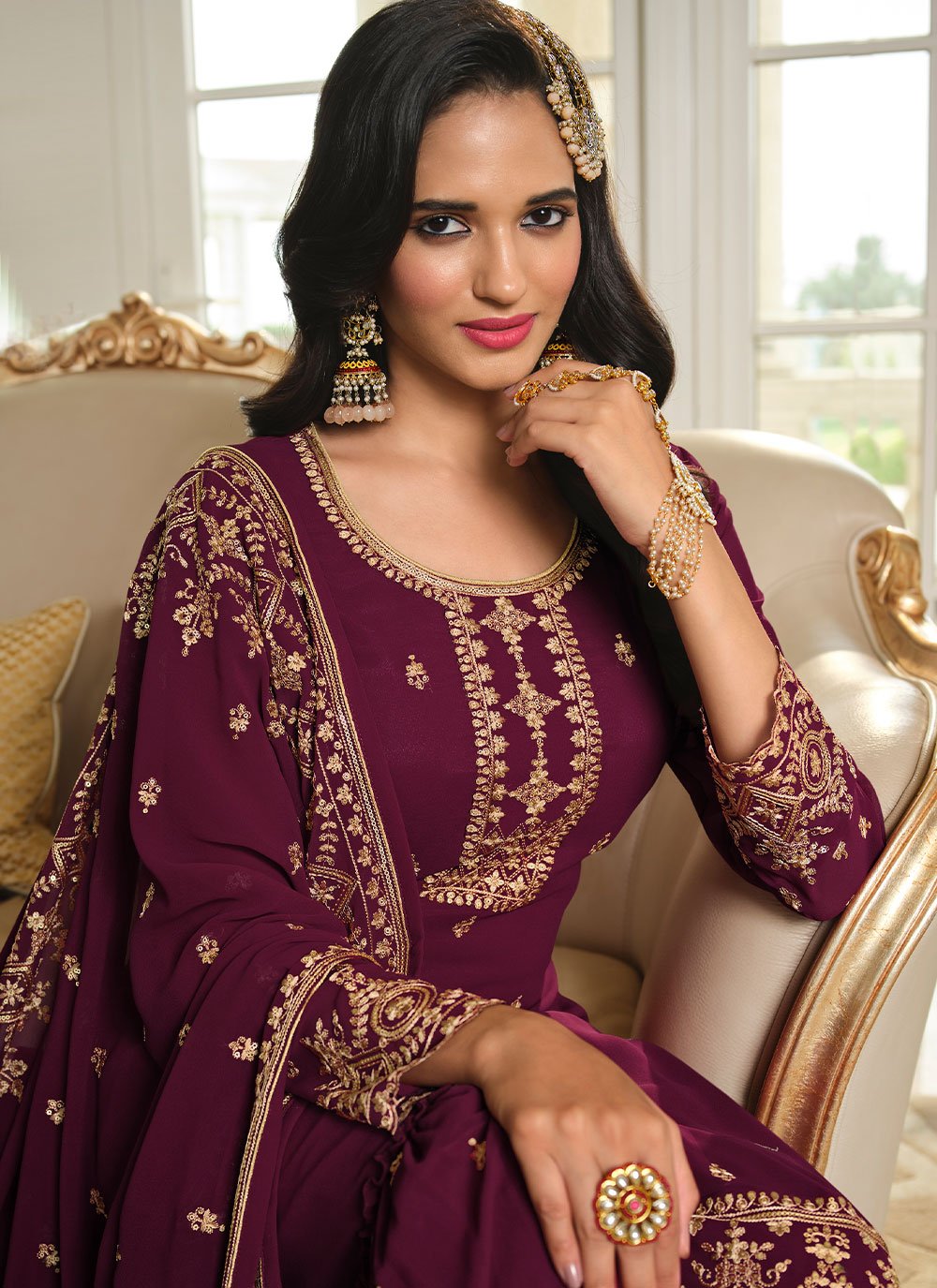 Salwar Suit Georgette Magenta Embroidered Salwar Kameez