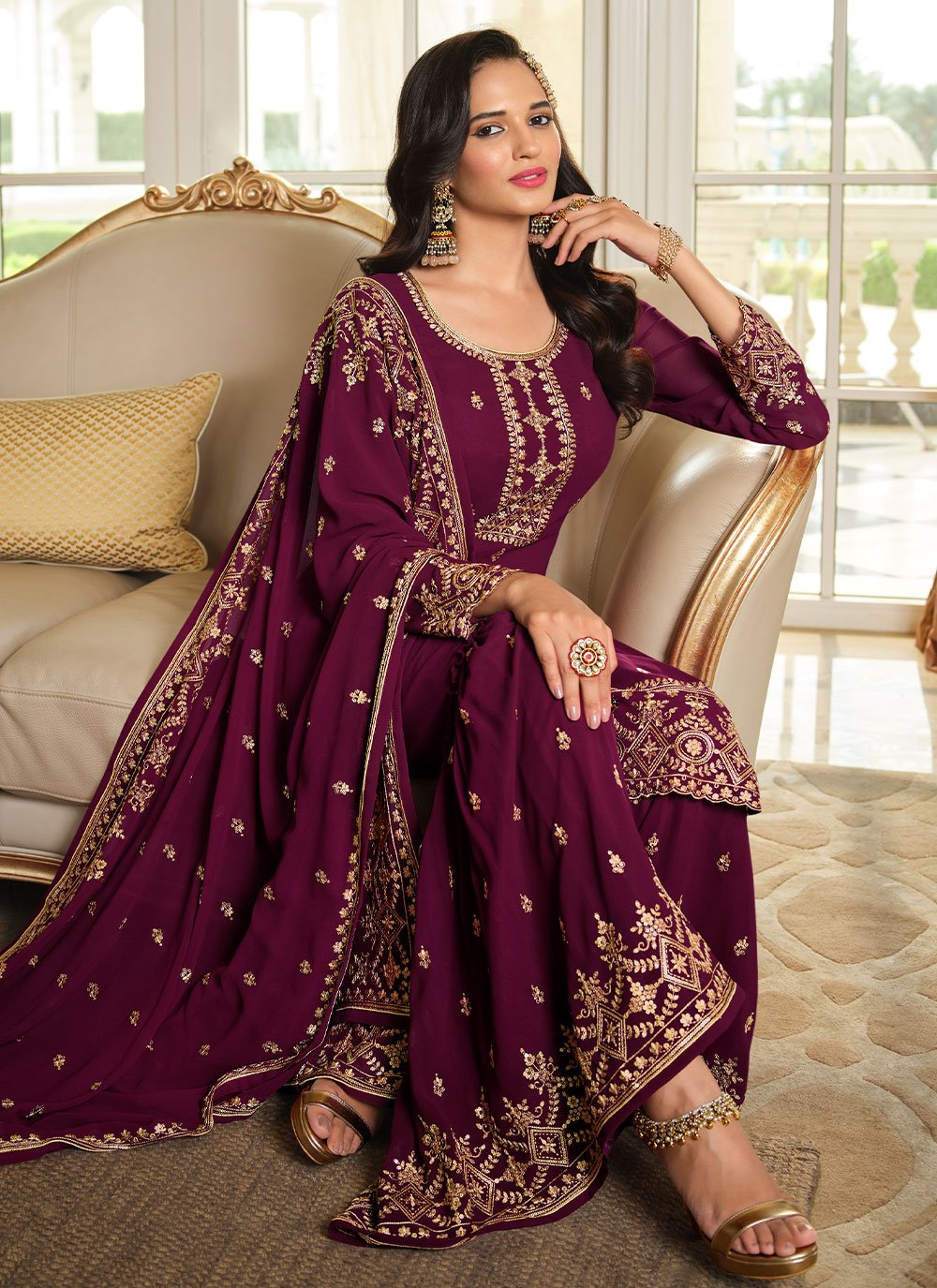 Salwar Suit Georgette Magenta Embroidered Salwar Kameez
