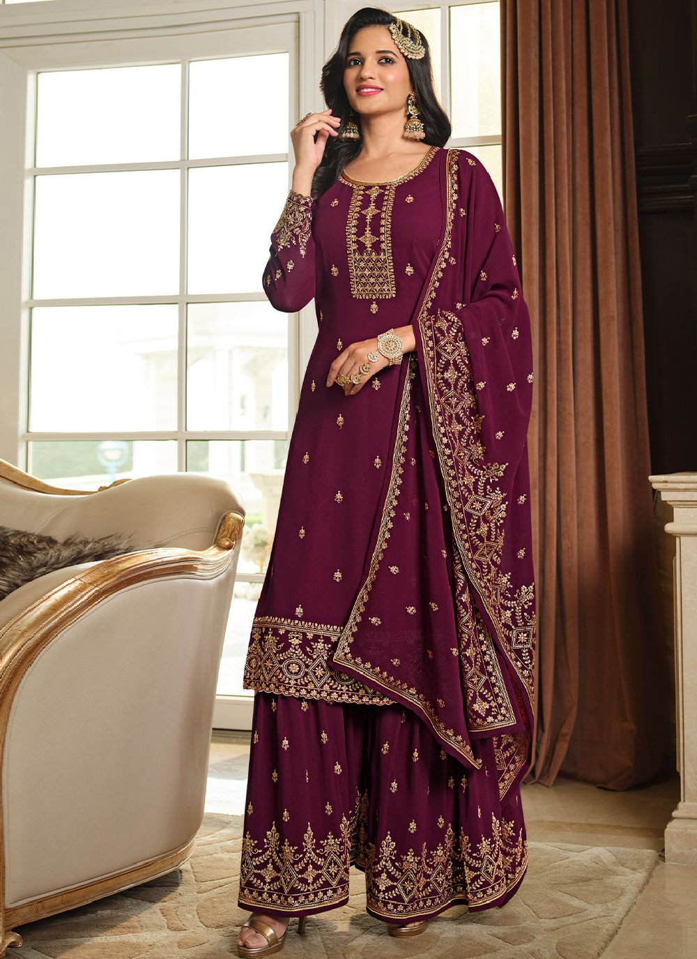 Salwar Suit Georgette Magenta Embroidered Salwar Kameez
