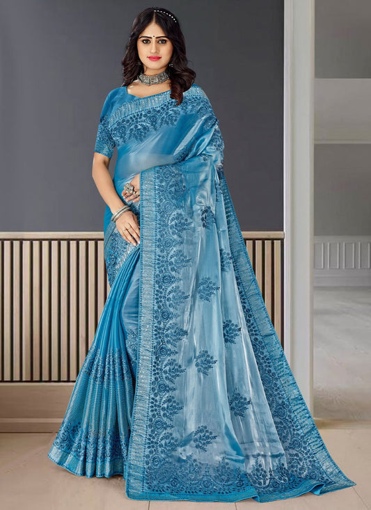 Classic Fancy Fabric Aqua Blue Embroidered Saree