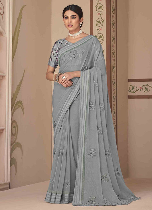 Classic Georgette Grey Embroidered Saree